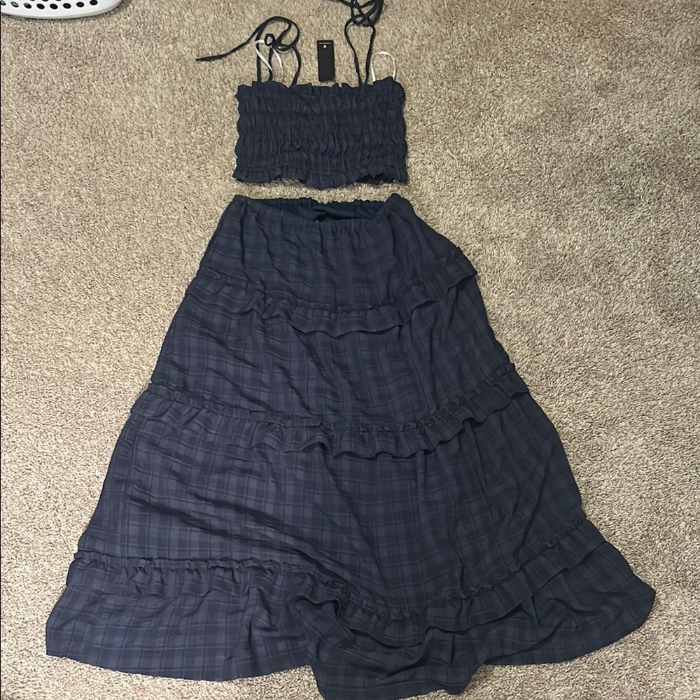 Tiered Maxi Skirt Set in Dark Blue Plaid